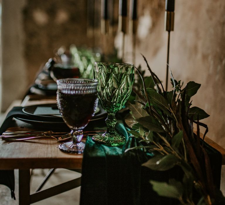 Greenery Garland Wedding Table Decor | Forest Green and Black Dark Decadence Wedding Inspiration in a Rustic Barn Planned &amp; Styled by Knots &amp; Kisses with Images by Daze of Glory Photography