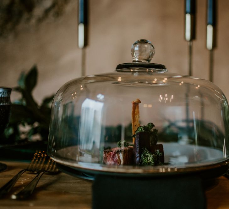 Cloche Wedding Decor | Forest Green and Black Dark Decadence Wedding Inspiration in a Rustic Barn Planned &amp; Styled by Knots &amp; Kisses with Images by Daze of Glory Photography