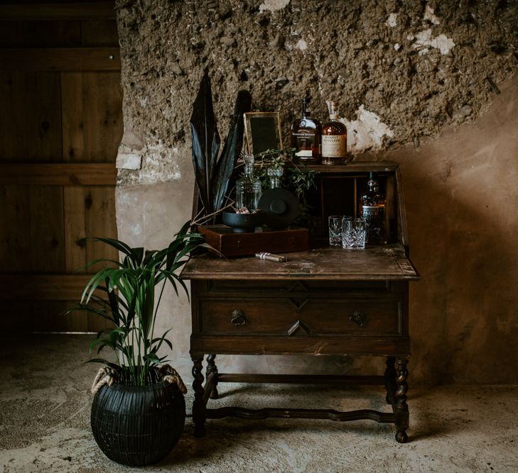 Vintage Writing Desk Cigar &amp; Whiskey Station | Forest Green and Black Dark Decadence Wedding Inspiration in a Rustic Barn Planned &amp; Styled by Knots &amp; Kisses with Images by Daze of Glory Photography