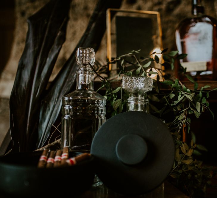 Cut Glass Decanters Whiskey Station | Forest Green and Black Dark Decadence Wedding Inspiration in a Rustic Barn Planned &amp; Styled by Knots &amp; Kisses with Images by Daze of Glory Photography