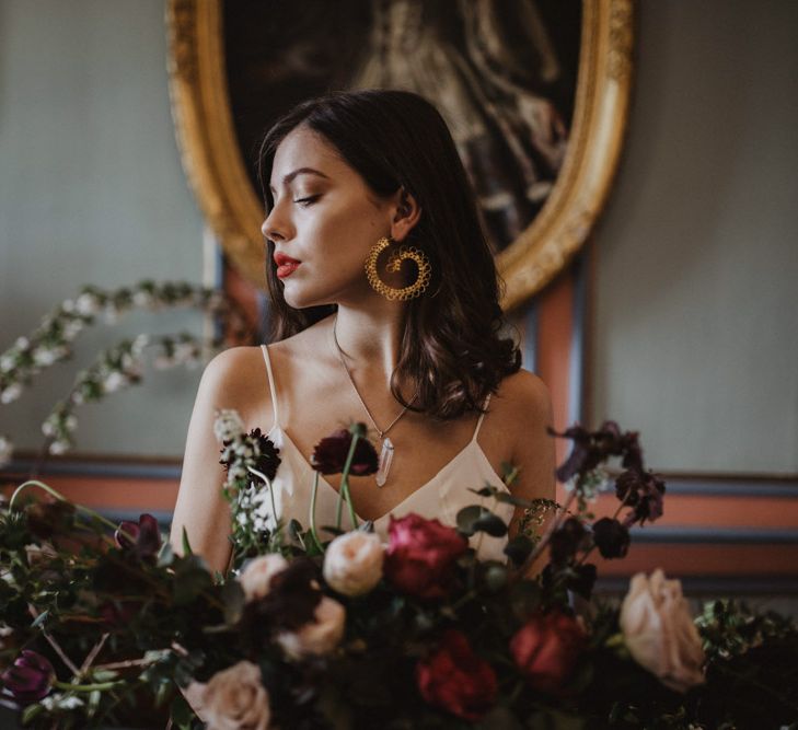 Bride in River Elliot Bridal Gown | Oversized Bridal Bouquet | Dark Opulence Inspiration at Anstey Hall, Cambridgeshire Styled by Mia Sylvia | Camilla Andrea Photography