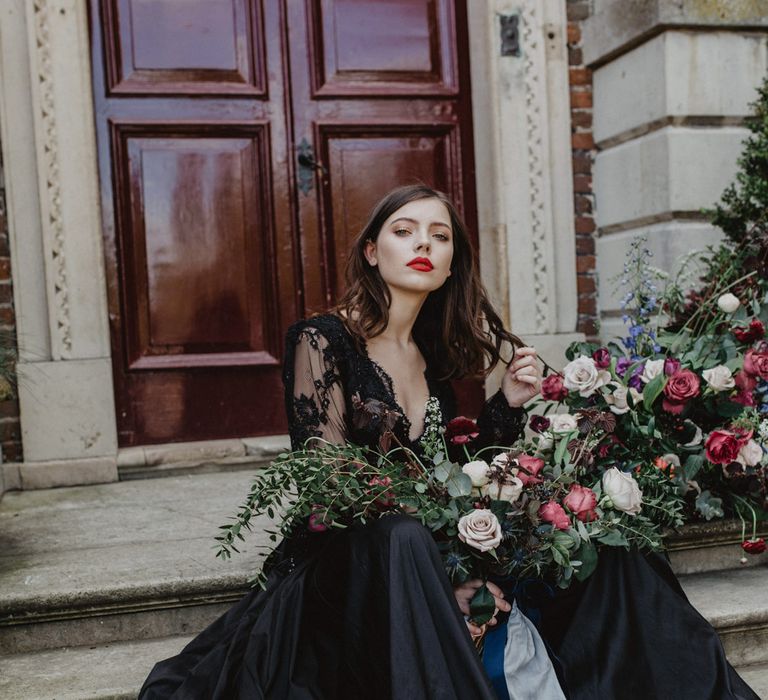 Bride in Black River Elliot Bridal Gown | Dark Opulence Inspiration at Anstey Hall, Cambridgeshire Styled by Mia Sylvia | Camilla Andrea Photography