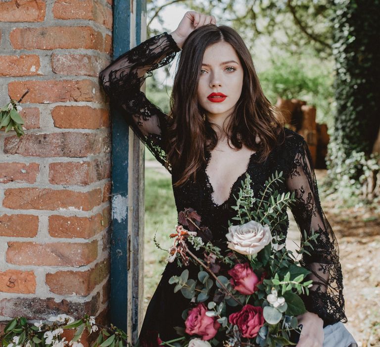 Bride in Black River Elliot Bridal Gown | Dark Opulence Inspiration at Anstey Hall, Cambridgeshire Styled by Mia Sylvia | Camilla Andrea Photography