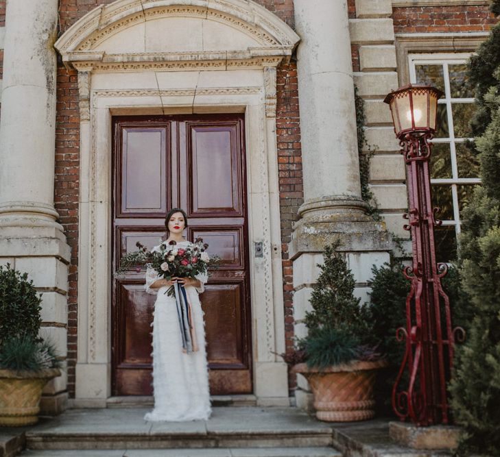 Bride in River Elliot Bridal Gown | Oversized Bridal Bouquet | Dark Opulence Inspiration at Anstey Hall, Cambridgeshire Styled by Mia Sylvia | Camilla Andrea Photography