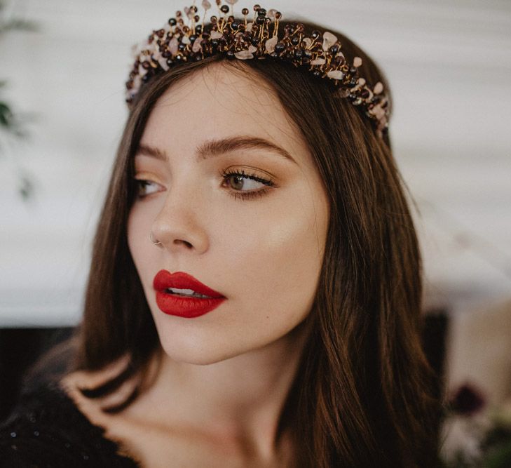 Bridal Makeup with Red Lipstick | Dark Opulence Inspiration at Anstey Hall, Cambridgeshire Styled by Mia Sylvia | Camilla Andrea Photography