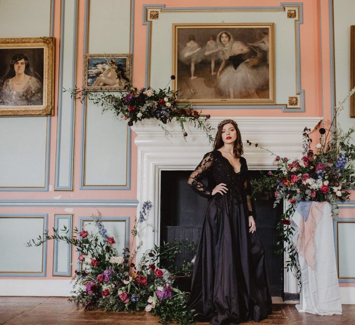 Bride in Black River Elliot Bridal Gown | Dark Opulence Inspiration at Anstey Hall, Cambridgeshire Styled by Mia Sylvia | Camilla Andrea Photography