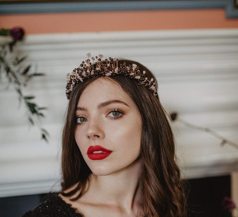 Bride in Black River Elliot Bridal Gown | Dark Opulence Inspiration at Anstey Hall, Cambridgeshire Styled by Mia Sylvia | Camilla Andrea Photography