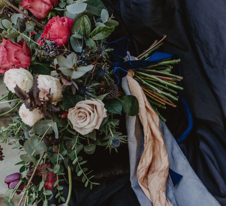 Deep Red, Purple &amp; Plum Oversized Bouquet with Ribbon | Dark Opulence Inspiration at Anstey Hall, Cambridgeshire Styled by Mia Sylvia | Camilla Andrea Photography