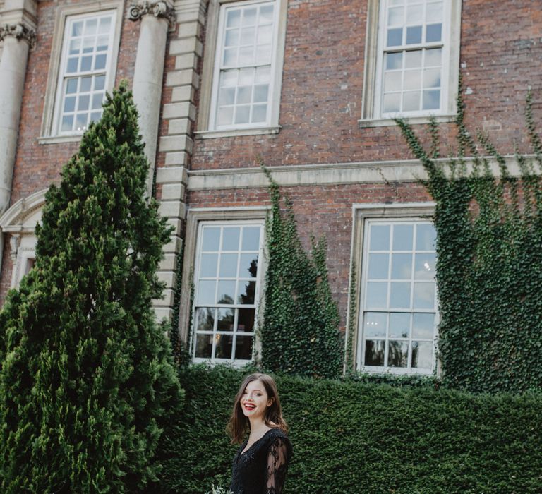 Bride in River Elliot Bridal Gown | Tablescape with Candlesticks  | Dark Opulence Inspiration at Anstey Hall, Cambridgeshire Styled by Mia Sylvia | Camilla Andrea Photography