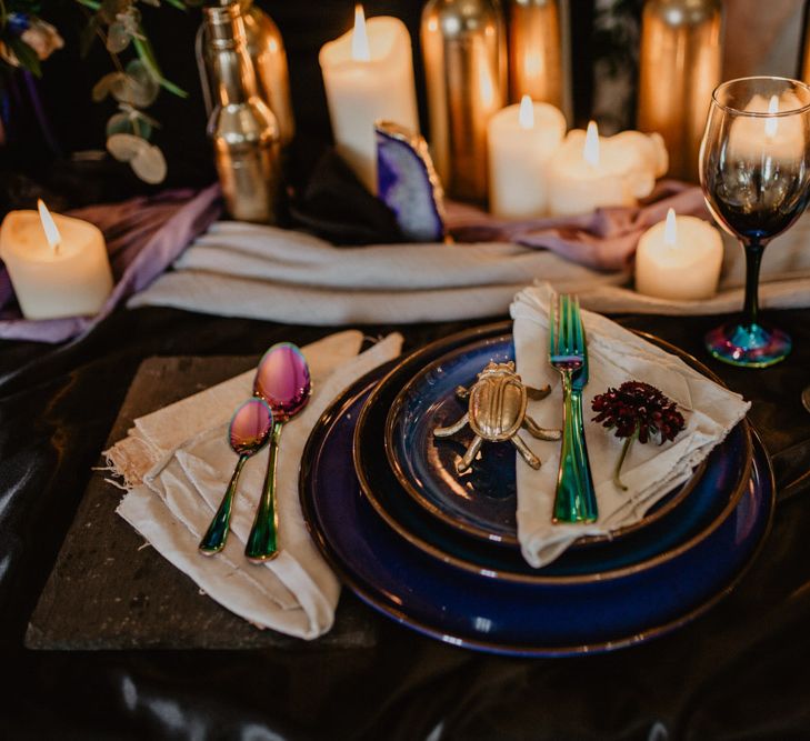 Elegant Place Setting   | Dark Opulence Inspiration at Anstey Hall, Cambridgeshire Styled by Mia Sylvia | Camilla Andrea Photography