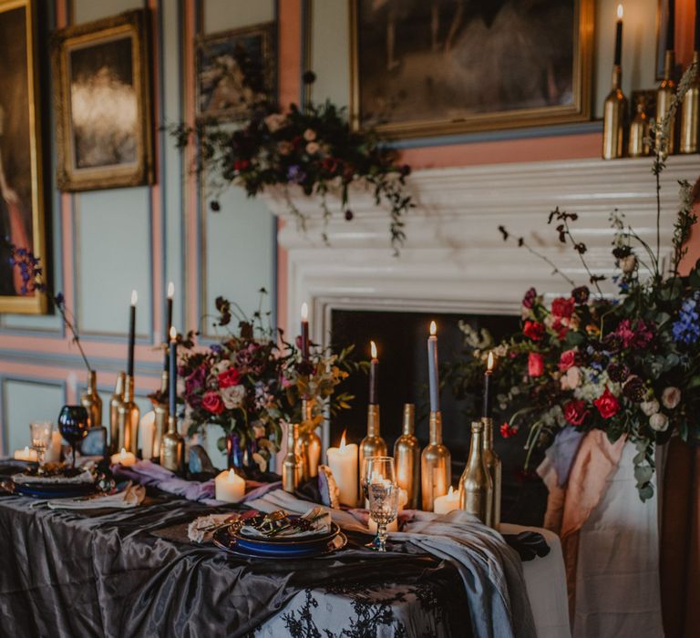 Tablescape with Candlesticks  | Dark Opulence Inspiration at Anstey Hall, Cambridgeshire Styled by Mia Sylvia | Camilla Andrea Photography