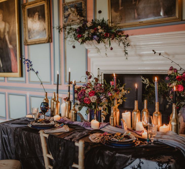 Tablescape with Candlesticks  | Dark Opulence Inspiration at Anstey Hall, Cambridgeshire Styled by Mia Sylvia | Camilla Andrea Photography