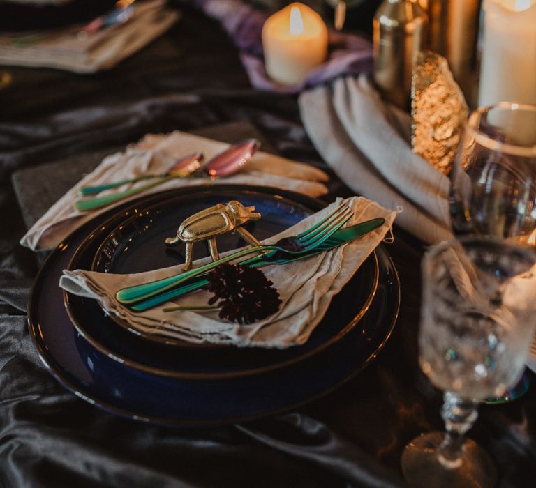 Elegant Place Setting  | Dark Opulence Inspiration at Anstey Hall, Cambridgeshire Styled by Mia Sylvia | Camilla Andrea Photography