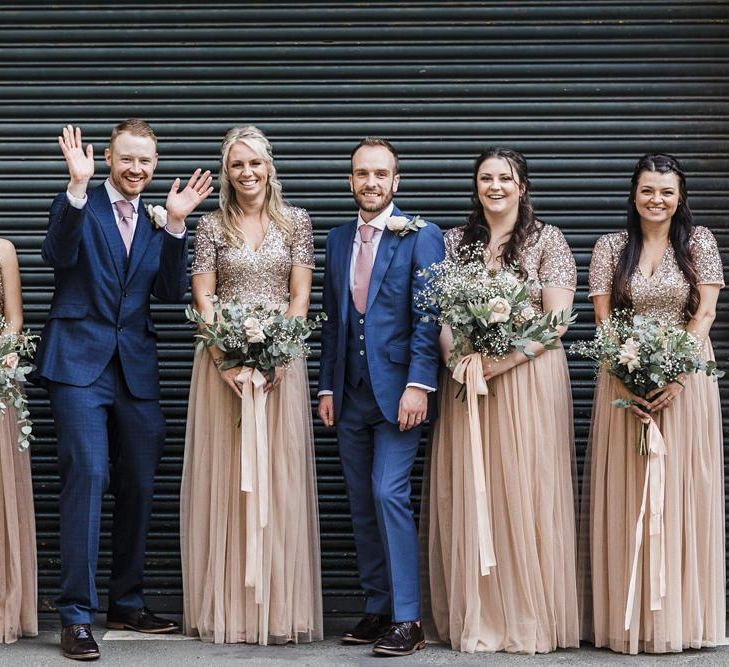 Wedding Party Portrait with Tow Grooms in Navy Suits and Bridesmaids in Blush Pink Sequin and Tulle Maya Bridesmaid Dresses