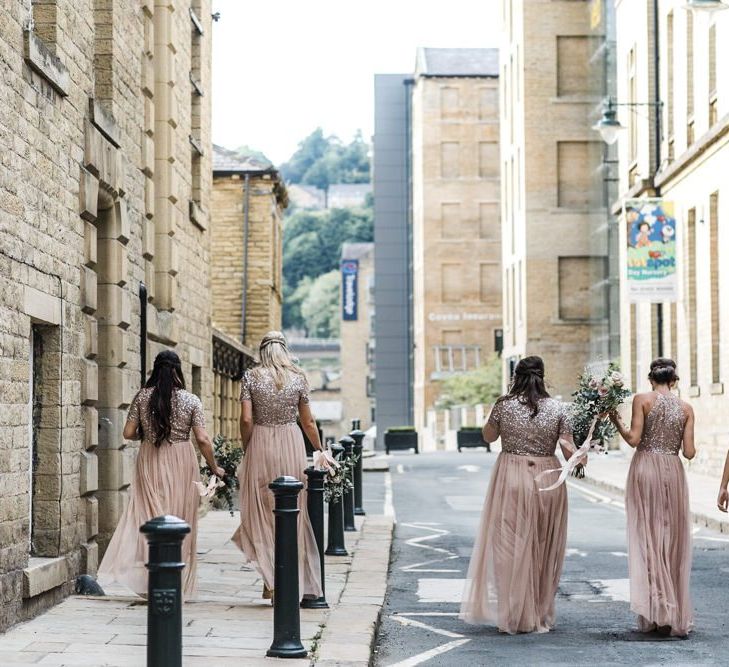 Bridesmaids in Blush Pink Sequin and Tulle Maya Bridesmaid Dresses Walking Through the Streets