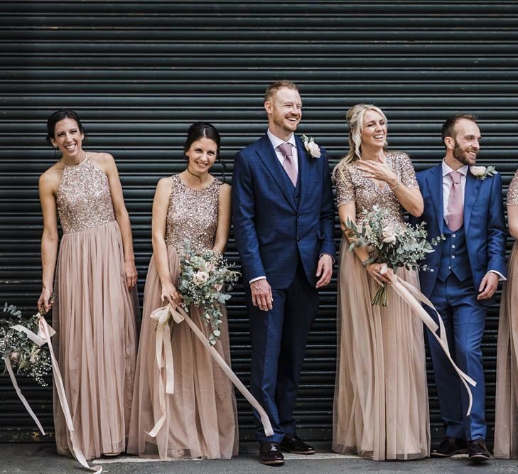 Wedding Party Portrait with Grooms in Navy Suit and Bridesmaids in Blush Pink Maya Bridesmaid Dresses