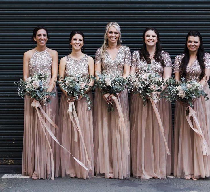 Bridal Party in Blush Pink Sequin and Tulle Maya Bridesmaid Dresses