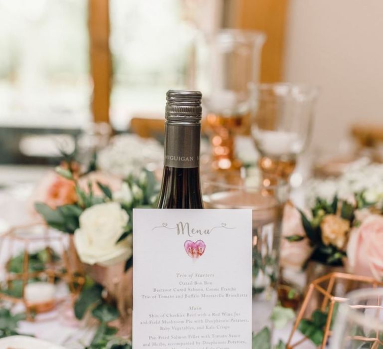 Personalised wedding reception menus for rustic reception with rose gold detailing