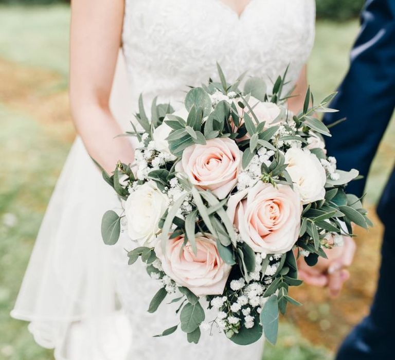 Pink and white rose with gypsophila foliage bouquets