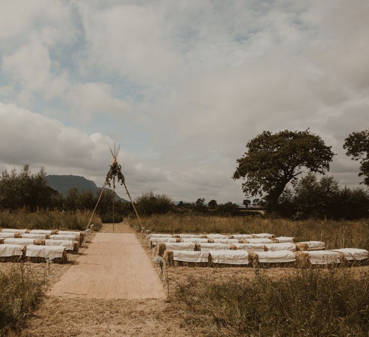 Naked Tipi at Sychpwll Centre in Wales | Hay Bales with White Blankets | Hessian Aisle | Yurt Wedding with Outdoor Naked Tipi Ceremony, Glitter Station &amp; Peach Rewritten Bridesmaid Dresses | Nesta Lloyd Photography