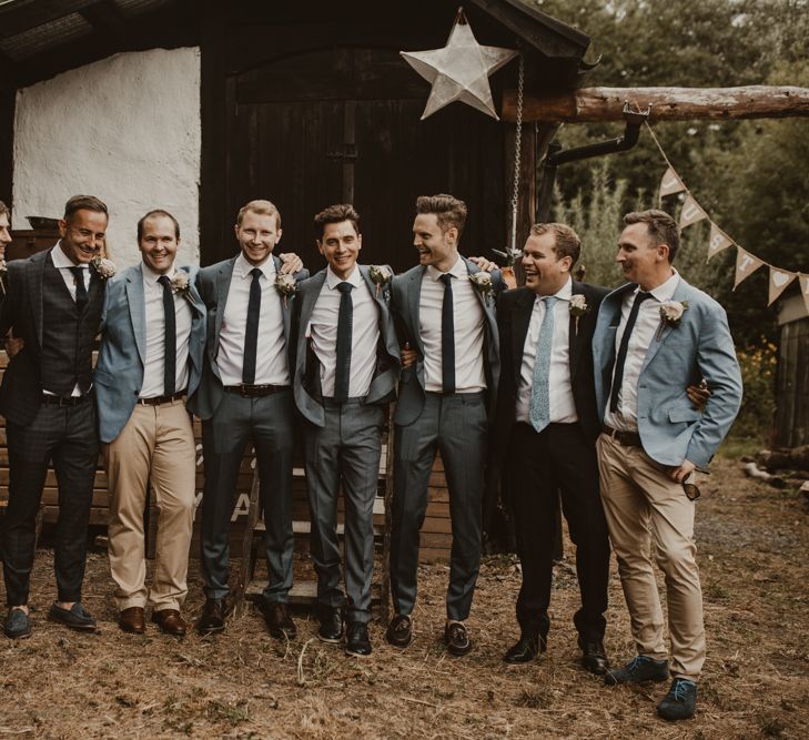 Groom and Groomsmen in Mismatched Blue  Suits by Hugo Boss | Yurt Wedding with Outdoor Naked Tipi Ceremony, Glitter Station &amp; Peach Rewritten Bridesmaid Dresses | Nesta Lloyd Photography