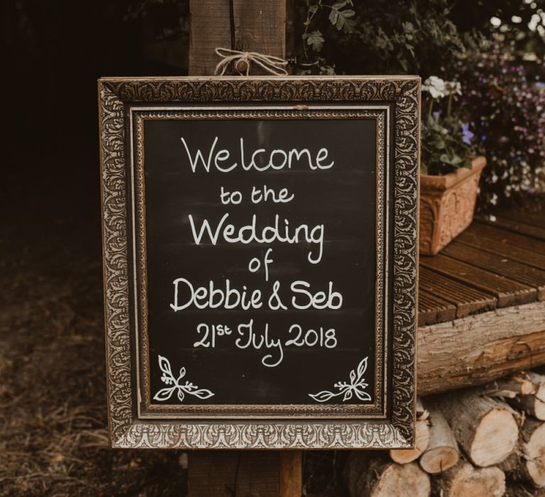 Chalkboard Welcome Sign | Yurt Wedding with Outdoor Naked Tipi Ceremony, Glitter Station &amp; Peach Rewritten Bridesmaid Dresses | Nesta Lloyd Photography