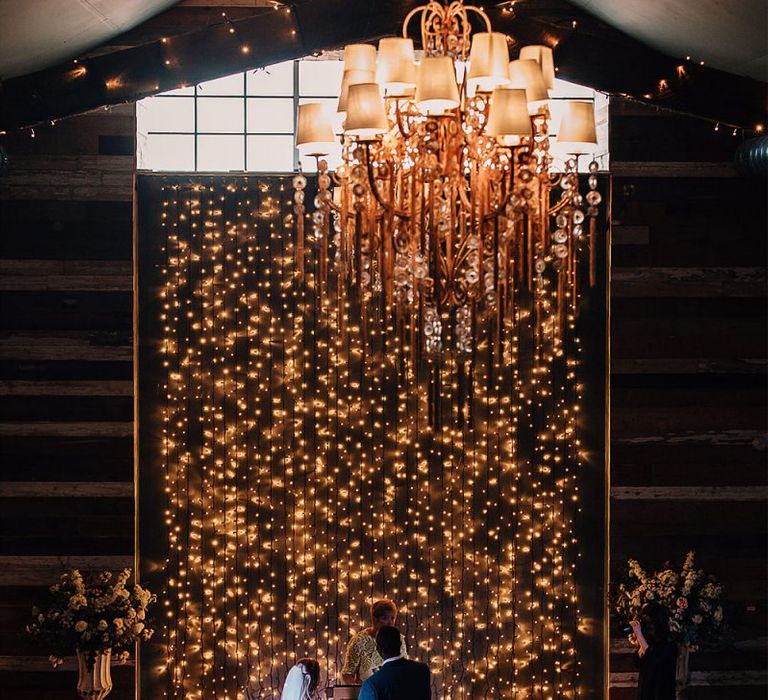 Fairy light curtain at Wharfedale Grange barn