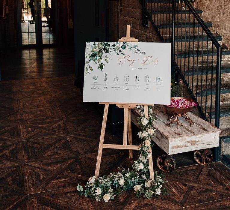 Order of the day wedding welcome sign at Wharfedale Grange Yorkshire wedding venue