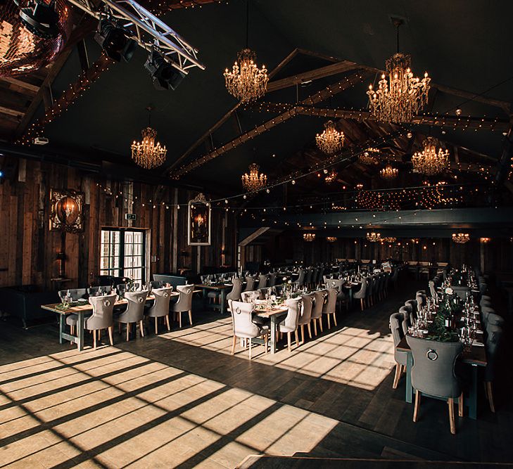 Reception venue at Wharfedale Grange with hanging chandeliers