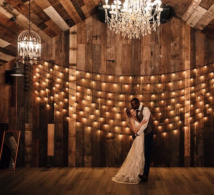 Festoon lights and chandeliers at Wharfedale Grange's barn