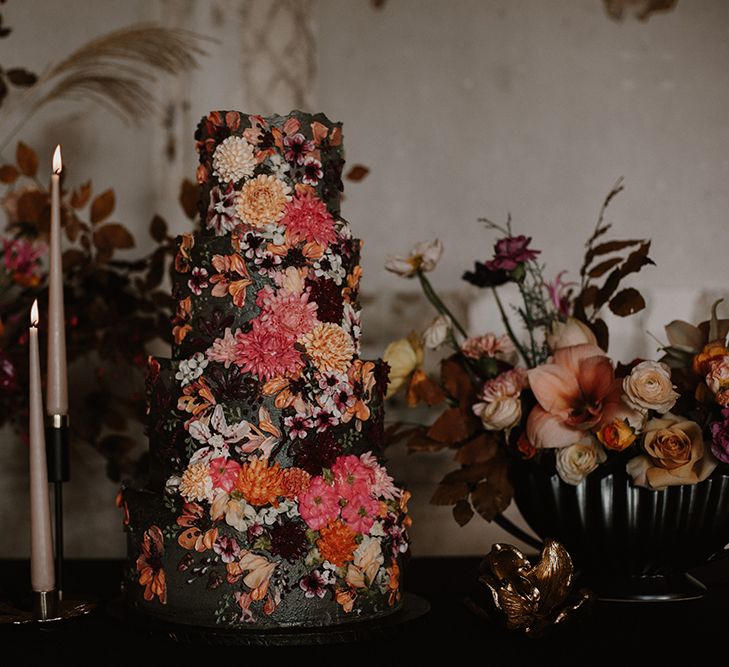 Beautifully Iced Pink, burgundy &amp; Orange Floral Wedding Cake by Emma Page Cakes | Deep Florals Wedding Inspiration at The Grange at Northington Planned &amp; Styled by Wed &amp; Bash | Sara Lincoln Photography