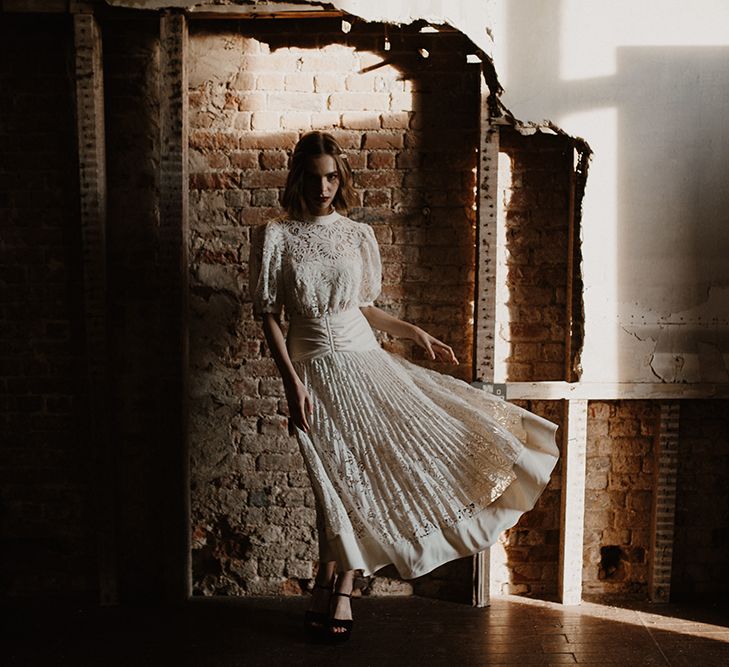 High Neck &amp; Cap Sleeve Lace Wedding Dress | Deep Florals Wedding Inspiration at The Grange at Northington Planned &amp; Styled by Wed &amp; Bash | Sara Lincoln Photography