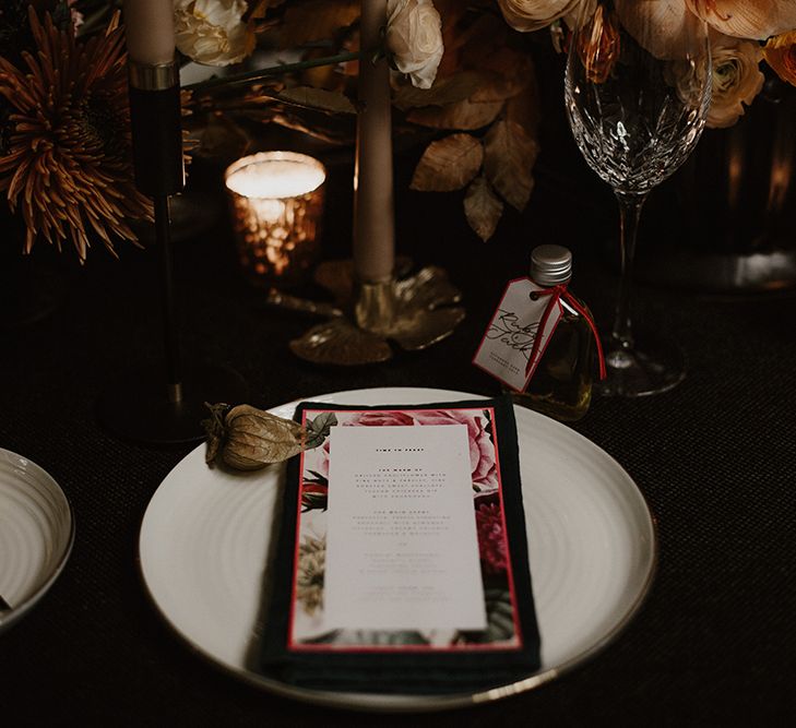 Tablescape with Taper Candles, Floral Stationery Designs &amp; Floral Centrepieces by Jenni Bloom Flowers | Deep Florals Wedding Inspiration at The Grange at Northington Planned &amp; Styled by Wed &amp; Bash | Sara Lincoln Photography