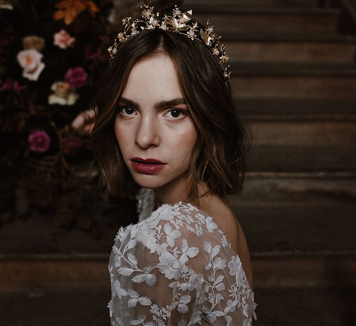 Bridal Beauty | Gold Hairpiece | Floral Design by Jenni Bloom Flowers | Deep Florals Wedding Inspiration at The Grange at Northington Planned &amp; Styled by Wed &amp; Bash | Sara Lincoln Photography