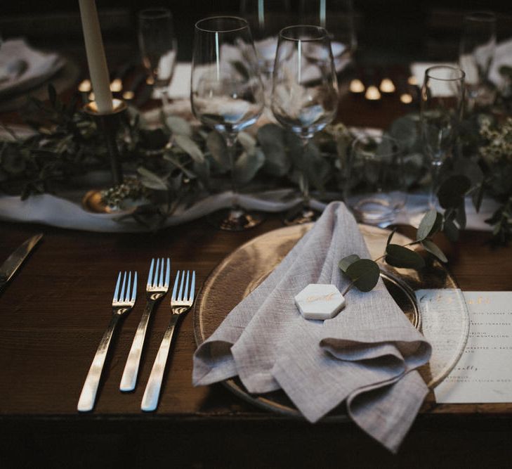 Geometric Marbled Place Name With Foliage Runner And Grey Linen Napkins // Image By James Frost Photography