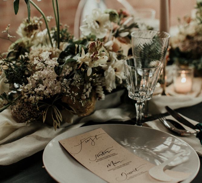 Place setting with celestial menu card on the day wedding stationery