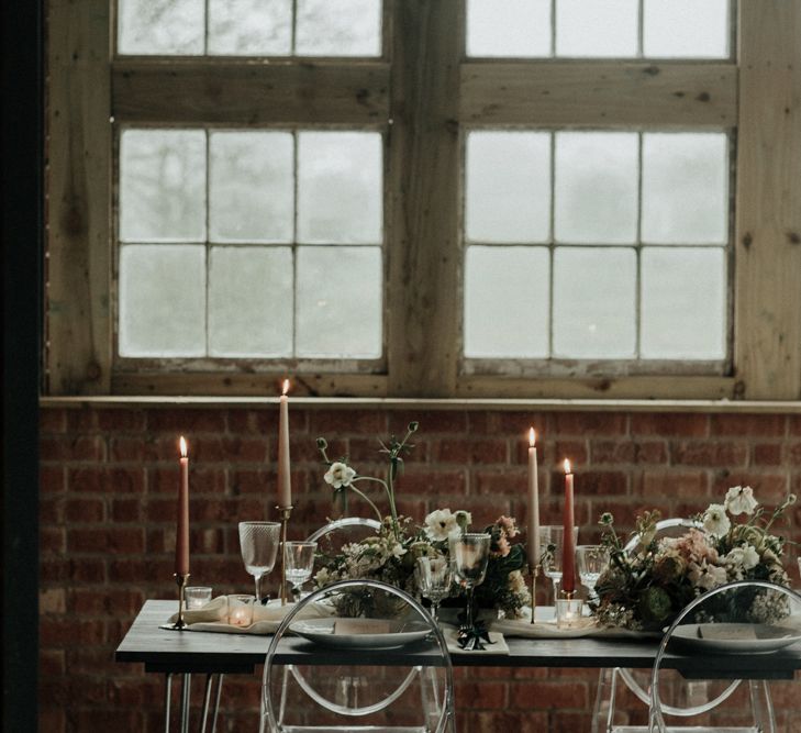 Intimate wedding reception table at The Giraffe Shed in Wales with bridal crop top