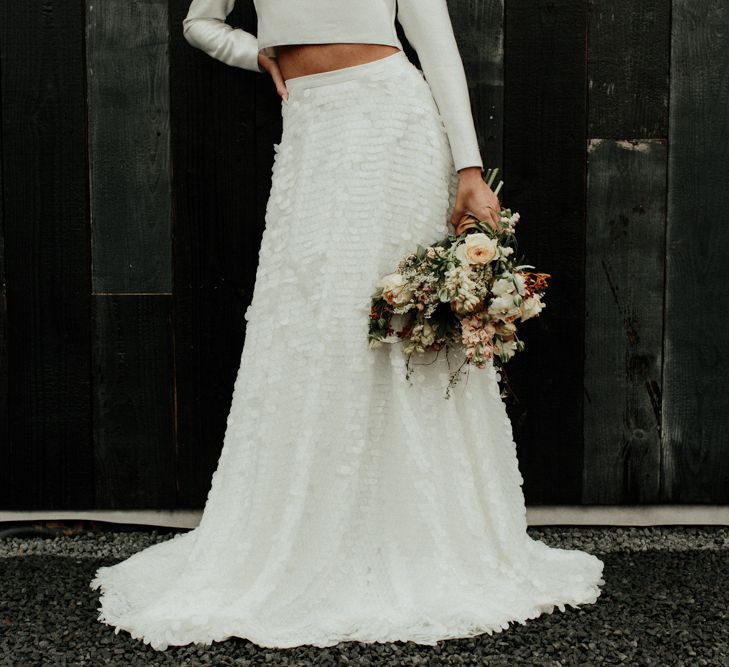 Bridal crop top with long sleeves and sequin skirt  separates