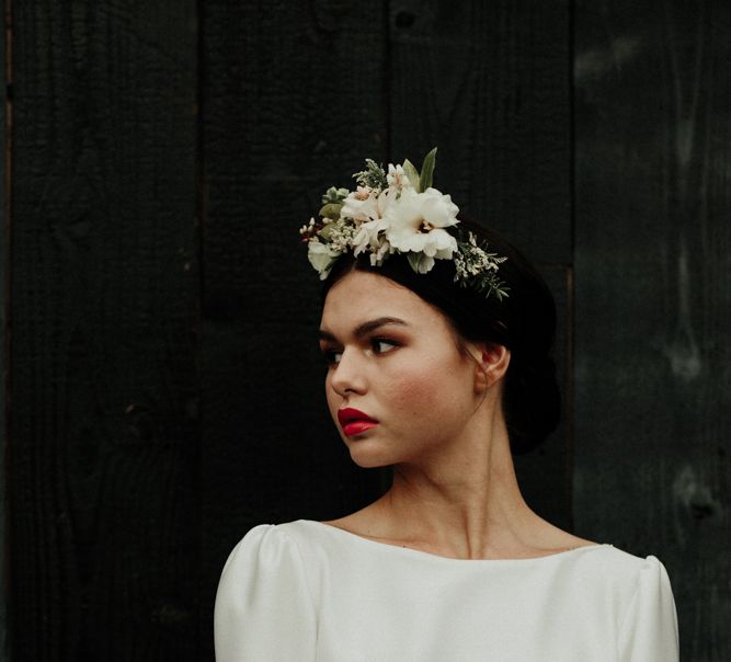 Boho bride in plain bridal crop top and flower crown