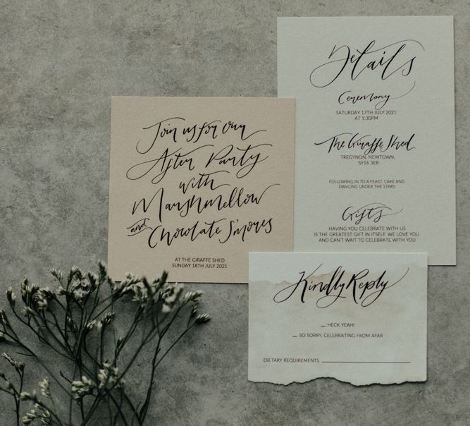 Pink and grey wedding stationery with script font