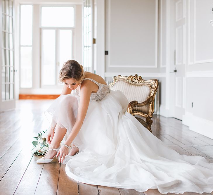 Bride in Tara Keely Bridal Gown | Rachel Simpson Wedding Shoes | Jo Hicks Flowers Pastel Bouquet | Frances  Moore MUA | Effortless French Chic at Hale in Hampshire | Charlotte Wise Fine Art Photography