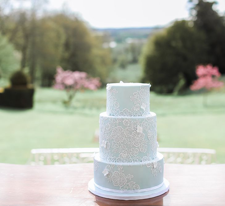 Just As Delicious Blue &amp; White Lace Elegant Wedding Cake | Effortless French Chic at Hale in Hampshire | Charlotte Wise Fine Art Photography