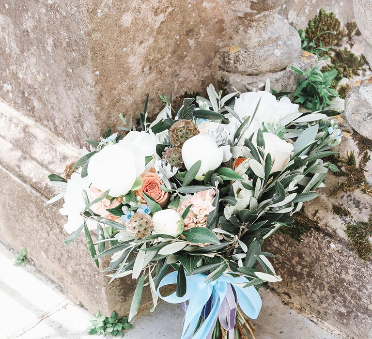 Pastel Bouquet with Blue Ribbon By Jo Hicks Flowers | Effortless French Chic at Hale in Hampshire | Charlotte Wise Fine Art Photography