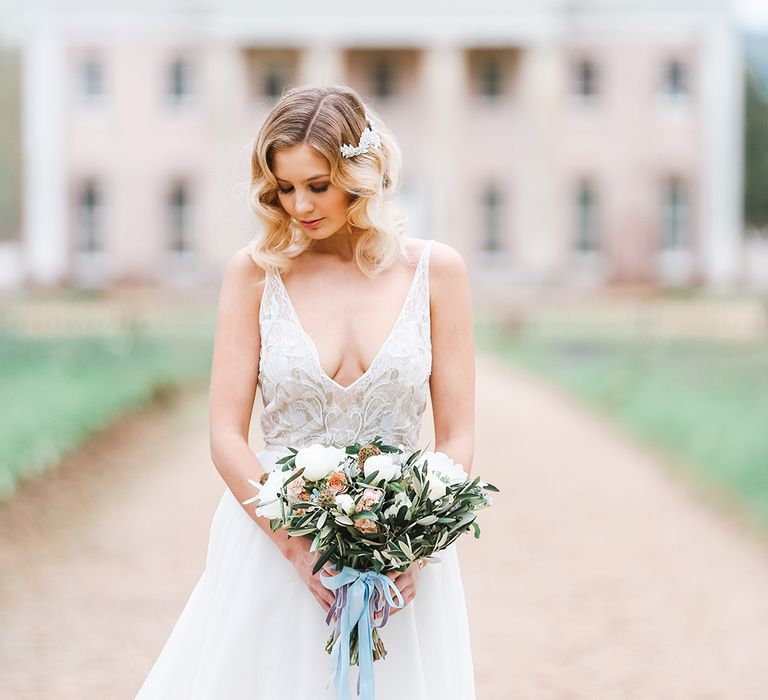 Bride in Tara Keely Bridal Gown | Rachel Simpson Wedding Shoes | Jo Hicks Flowers Pastel Bouquet | Frances  Moore MUA | Effortless French Chic at Hale in Hampshire | Charlotte Wise Fine Art Photography