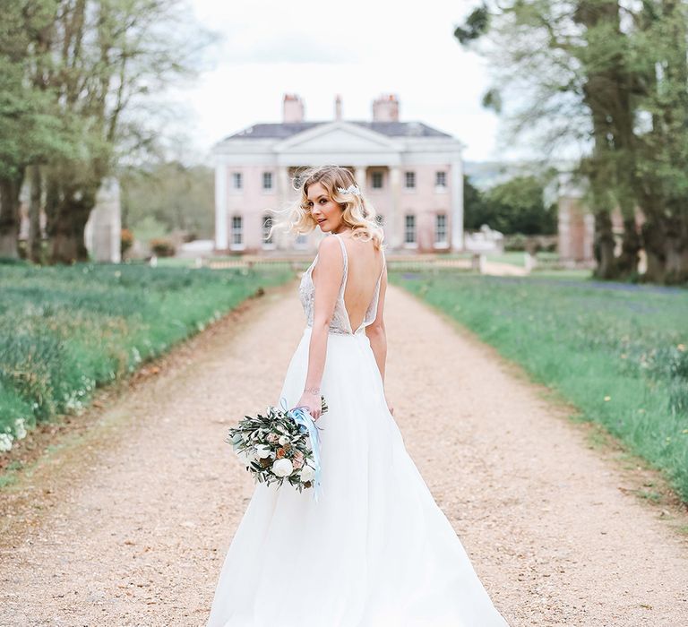 Bride in Tara Keely Bridal Gown | Rachel Simpson Wedding Shoes | Jo Hicks Flowers Pastel Bouquet | Frances  Moore MUA | Effortless French Chic at Hale in Hampshire | Charlotte Wise Fine Art Photography