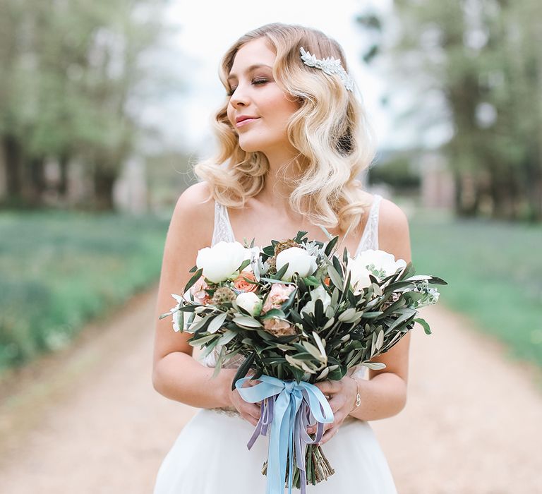 Bride in Tara Keely Bridal Gown | Rachel Simpson Wedding Shoes | Jo Hicks Flowers Pastel Bouquet | Frances  Moore MUA | Effortless French Chic at Hale in Hampshire | Charlotte Wise Fine Art Photography