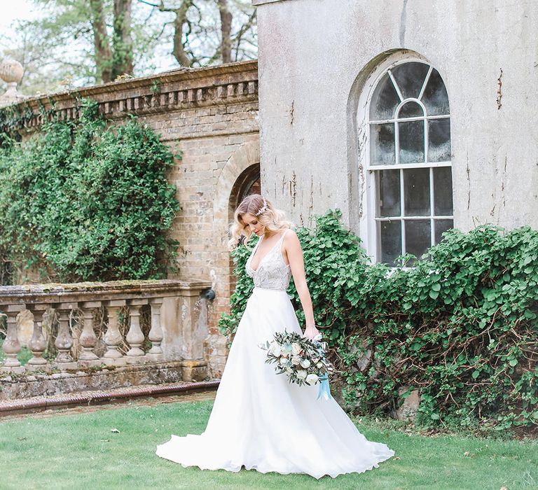 Bride in Tara Keely Bridal Gown | Rachel Simpson Wedding Shoes | Jo Hicks Flowers Pastel Bouquet | Frances  Moore MUA | Effortless French Chic at Hale in Hampshire | Charlotte Wise Fine Art Photography