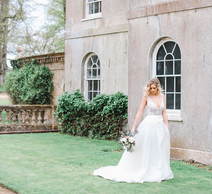 Bride in Tara Keely Bridal Gown | Rachel Simpson Wedding Shoes | Jo Hicks Flowers Pastel Bouquet | Frances  Moore MUA | Effortless French Chic at Hale in Hampshire | Charlotte Wise Fine Art Photography