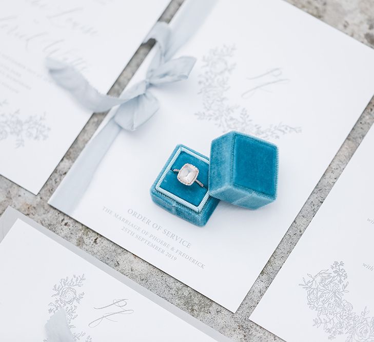 La Petit Box Blue Ring Box for Diamond Engagement Ring |  Peony &amp; Rose Wedding Stationery | Effortless French Chic at Hale in Hampshire | Charlotte Wise Fine Art Photography