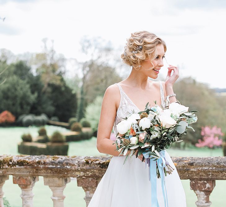 Bride in Tara Keely Bridal Gown | Rachel Simpson Wedding Shoes | Jo Hicks Flowers Pastel Bouquet | Frances  Moore MUA | Effortless French Chic at Hale in Hampshire | Charlotte Wise Fine Art Photography